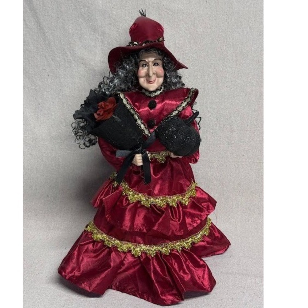 Burgundy Victorian Witch Figurine Halloween Decor Spider Hat Pumpkin Bouquet 18"